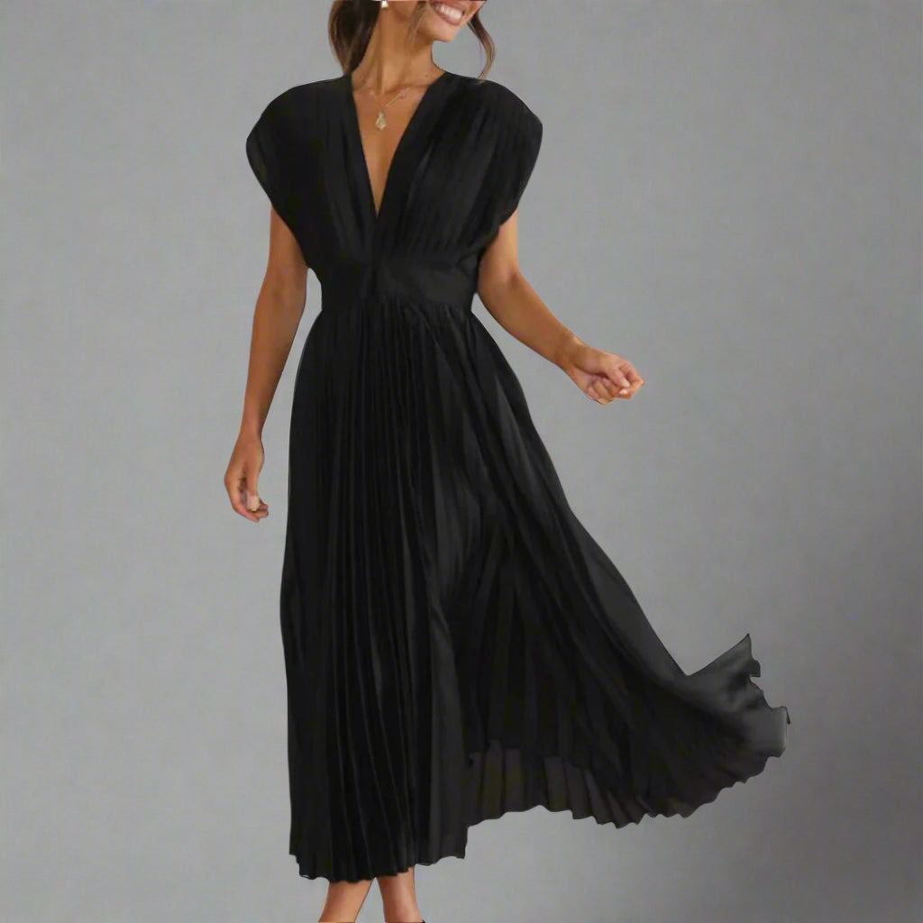Wedding Guest Pleated Midi Dress - Black