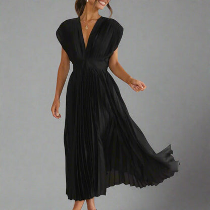 Wedding Guest Pleated Midi Dress - Black