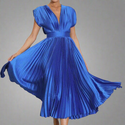 Wedding Guest Pleated Midi Dress - Blue