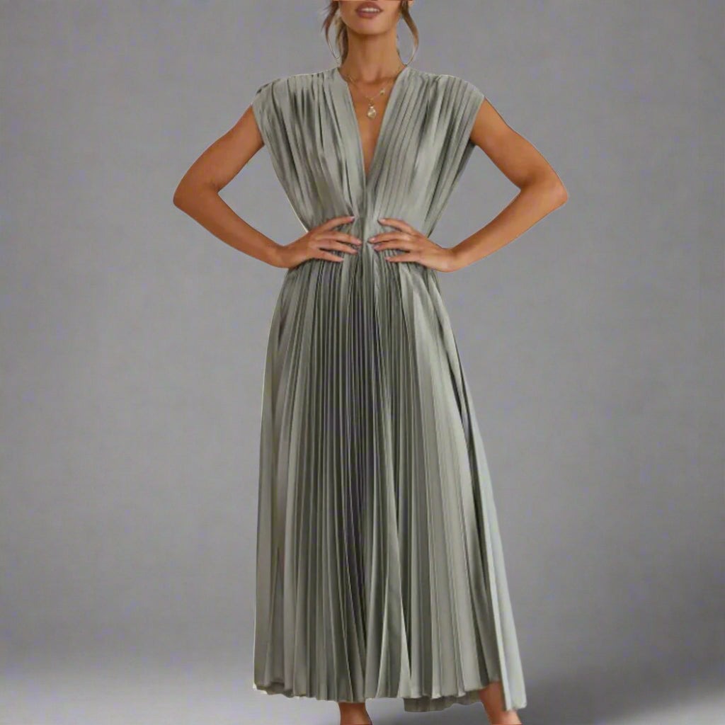 Wedding Guest Pleated Midi Dress - Olive Green