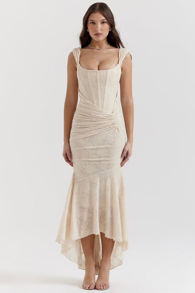 Lace Bodycon Midi Dress - Beige