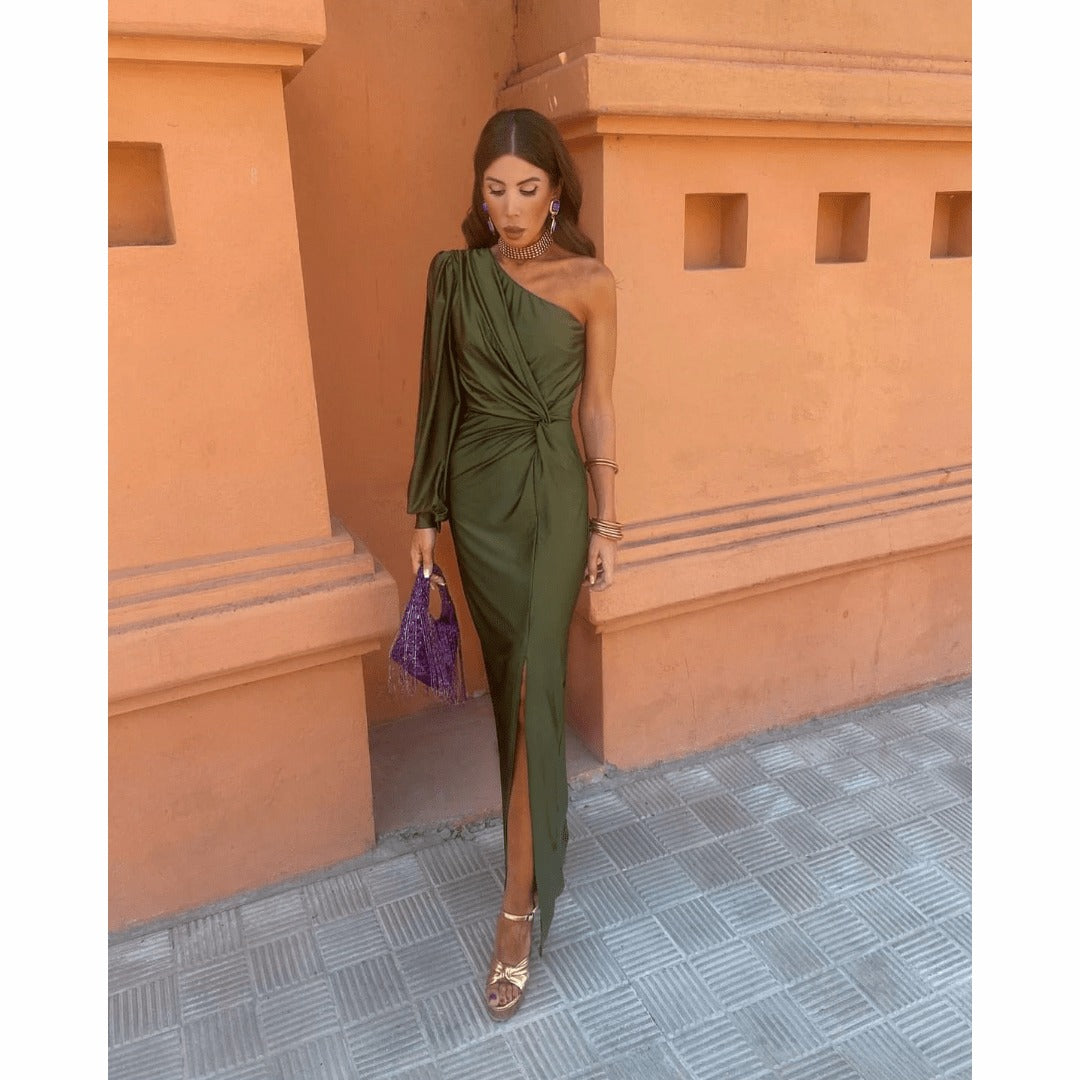 One Shoulder Formal Maxi Dress - Olive Green