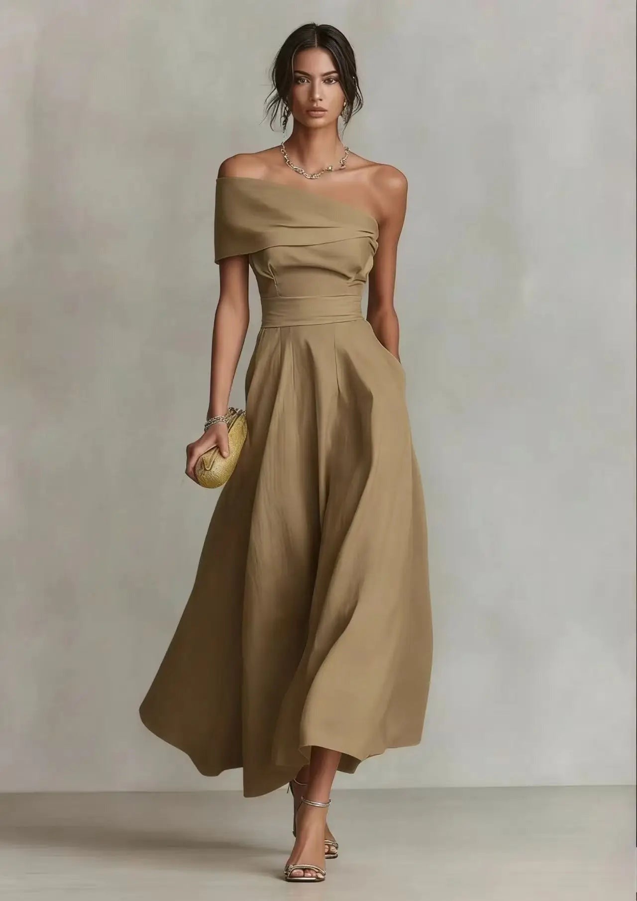 One Shoulder Formal Maxi Dress - Beige