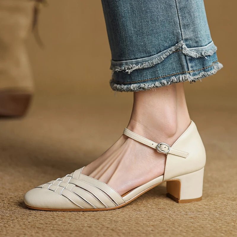 Women's Ankle Strap Block Heel Sandals - Beige