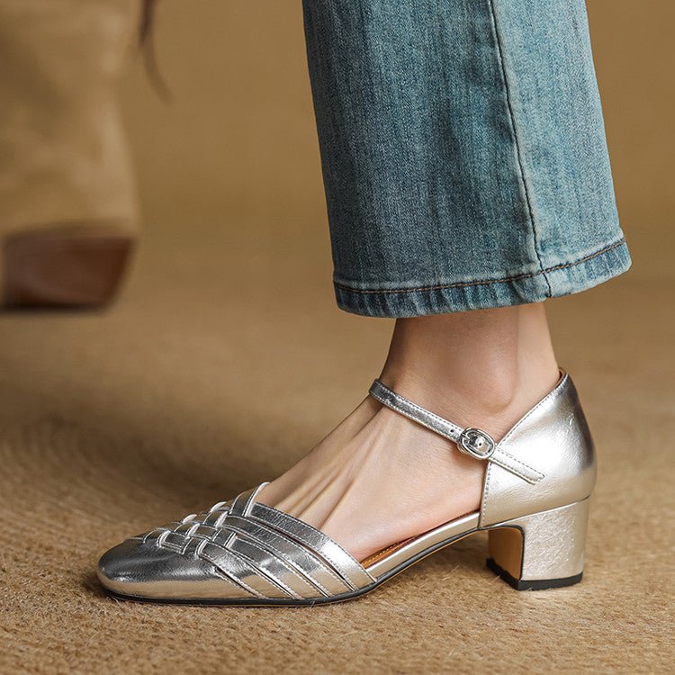 Women's Ankle Strap Block Heel Sandals - Silver