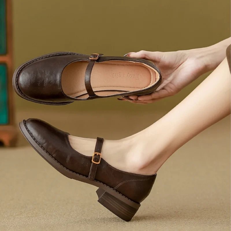 Women's Leather Mary Jane Shoes - Brown