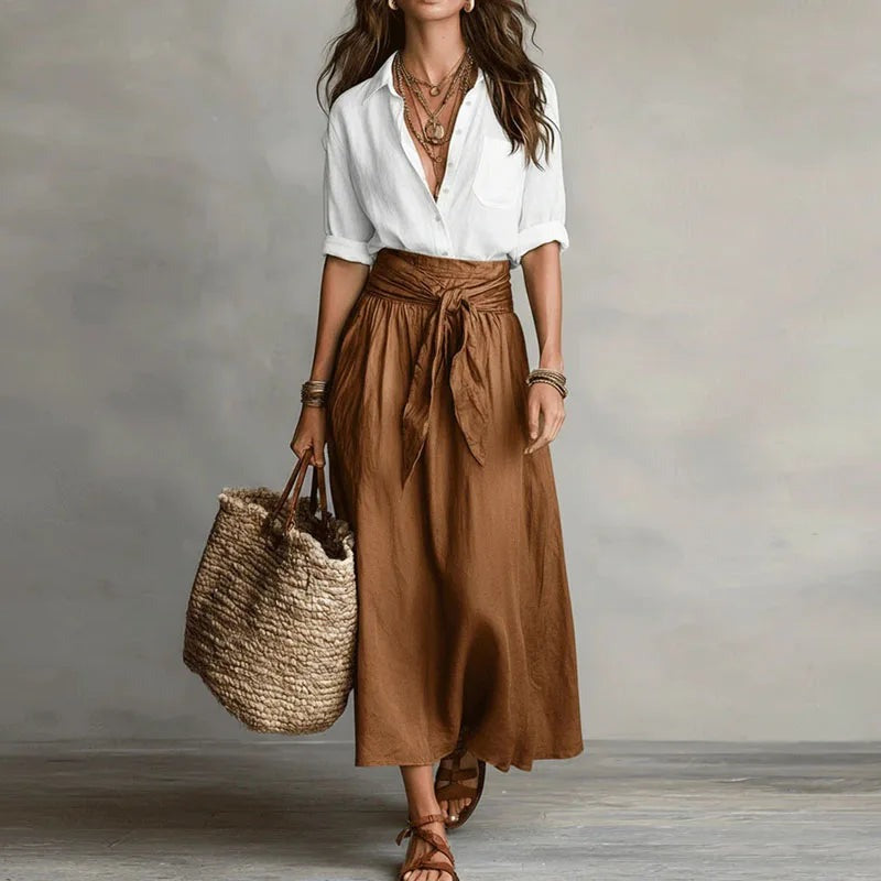 Midi Skirt Two Piece Set - White Brown