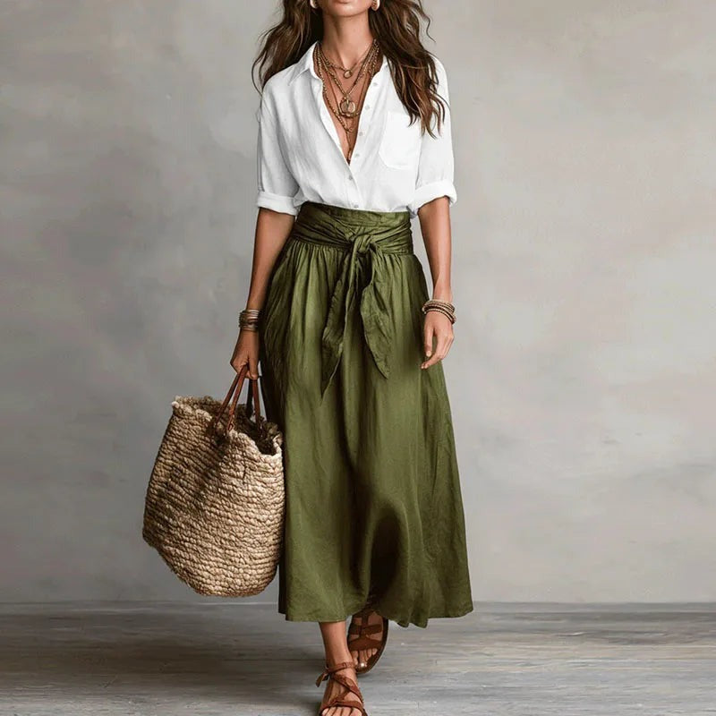 Midi Skirt Two Piece Set - White Green