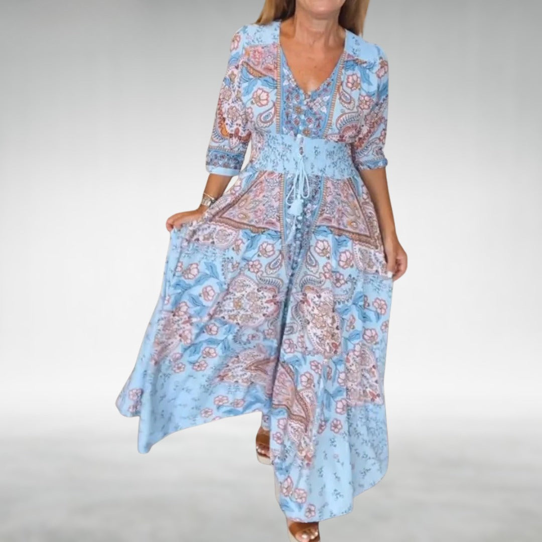 Boho Floral Maxi Dress - Sky Blue