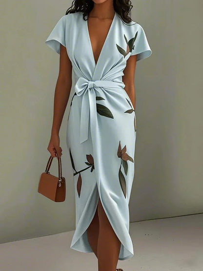 Floral Wrap Midi Dress - Light Blue