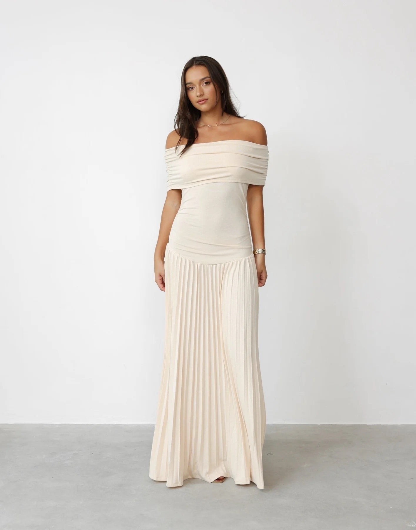 Formal Off Shoulder Maxi Dress - Cream