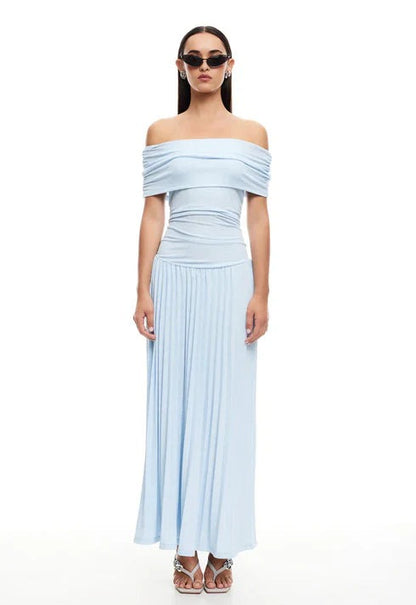 Formal Off Shoulder Maxi Dress - Sky Blue