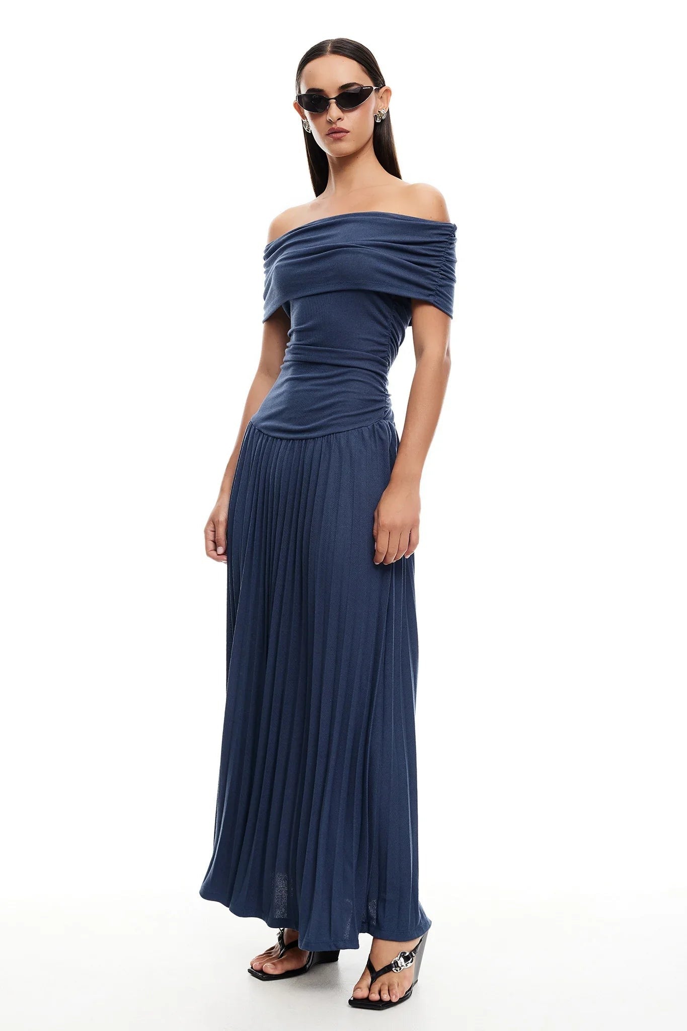 Formal Off Shoulder Maxi Dress - Navy