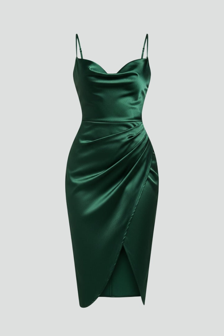 Cowl Neck Ruched Midi Dress