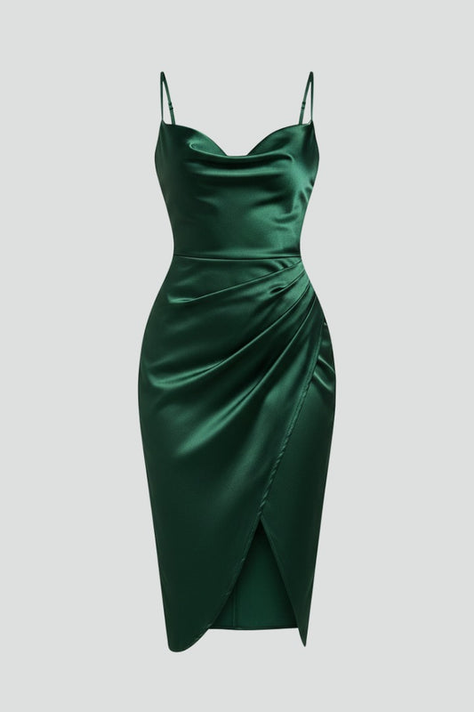Cowl Neck Ruched Midi Dress
