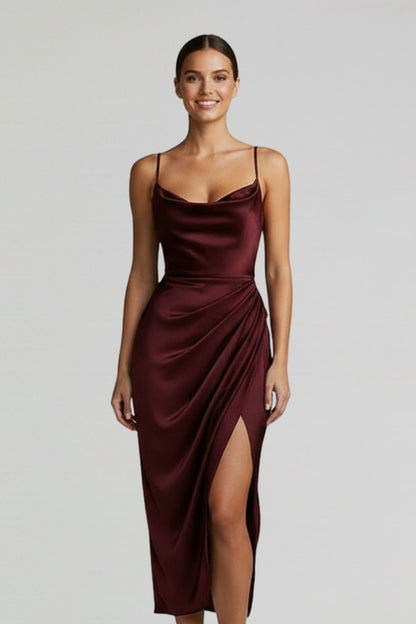 Cowl Neck Ruched Midi Dress - Burgundy