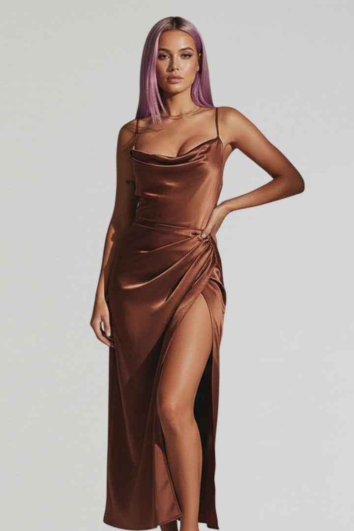 Cowl Neck Ruched Midi Dress - Brown