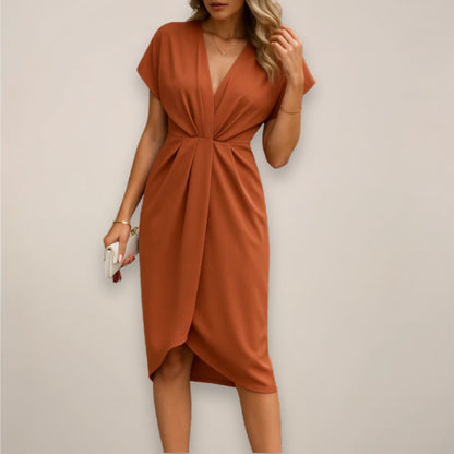 Ruched Wrap Midi Dress - Rust
