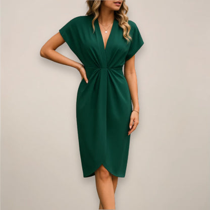 Ruched Wrap Midi Dress - Dark Green