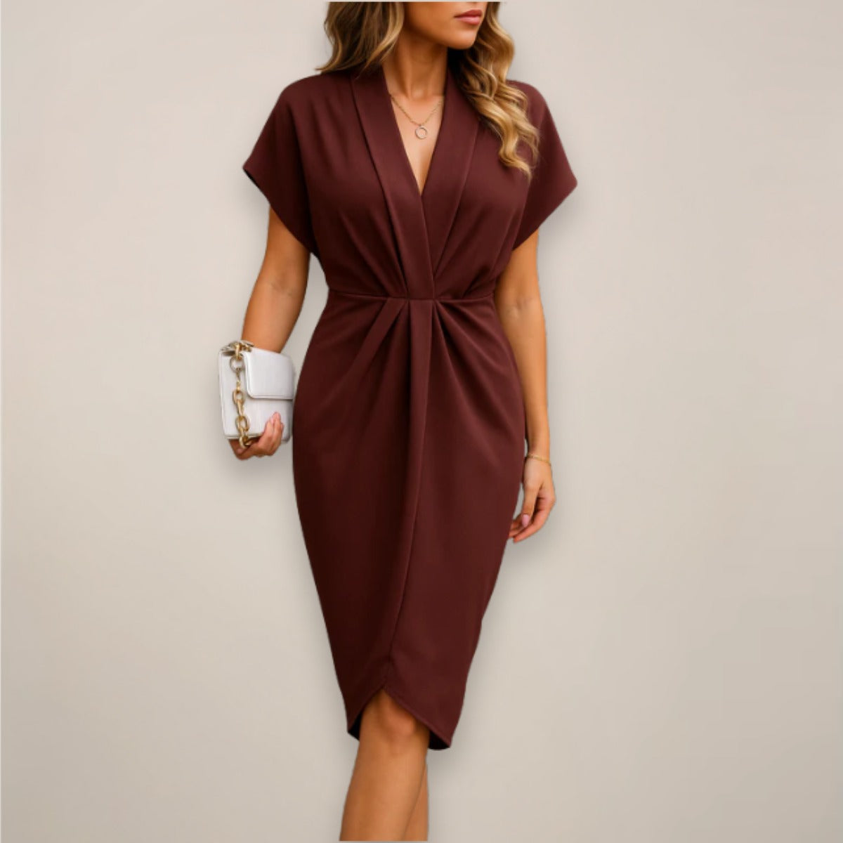 Ruched Wrap Midi Dress - Red Wine