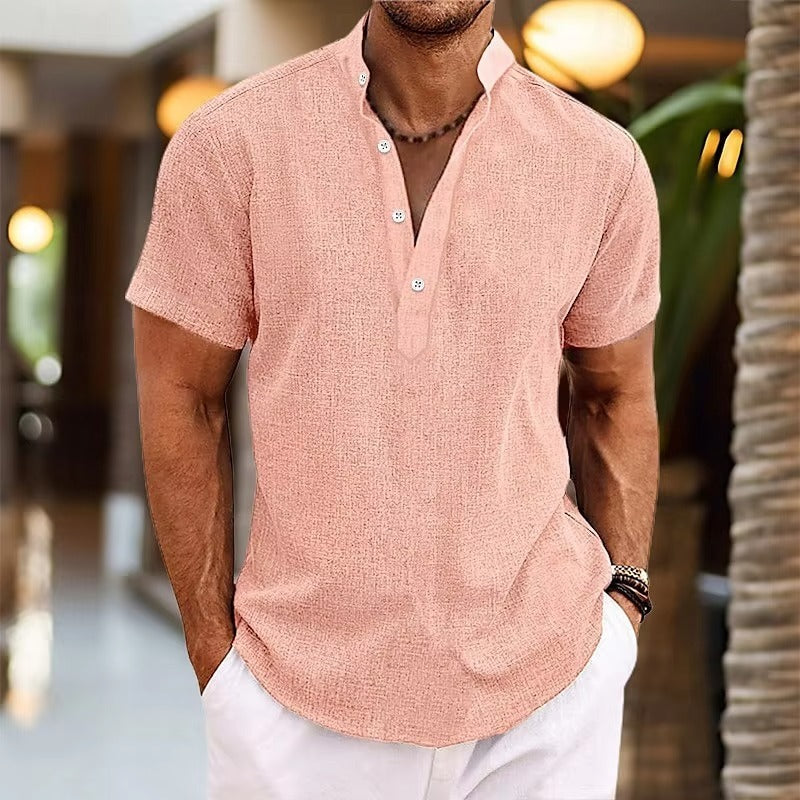 Short Sleeve Henley Shirt - Pink