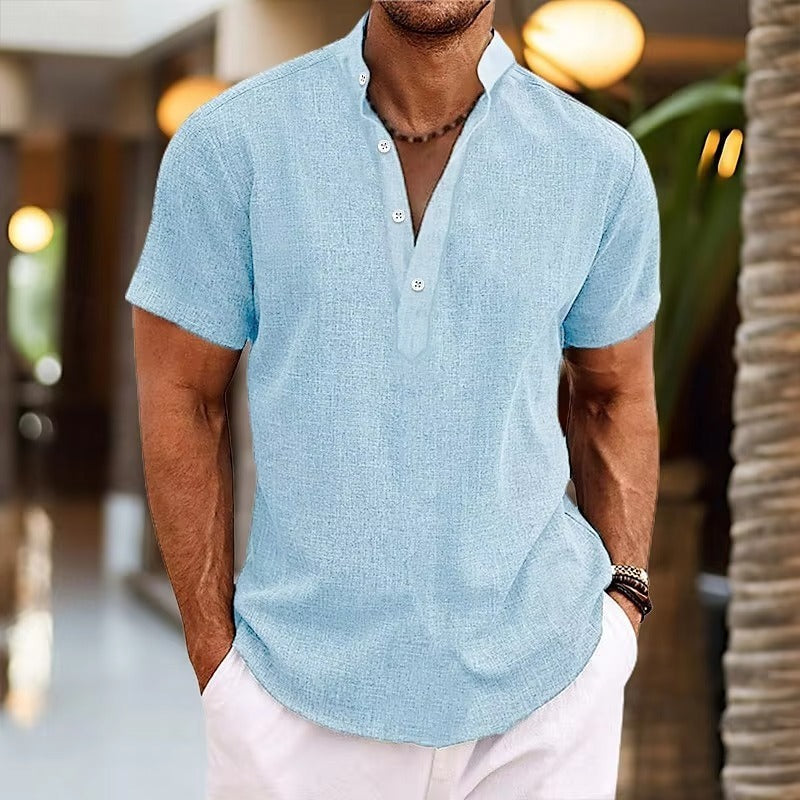 Short Sleeve Henley Shirt - Light blue