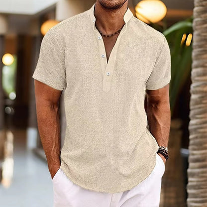 Short Sleeve Henley Shirt - Beige