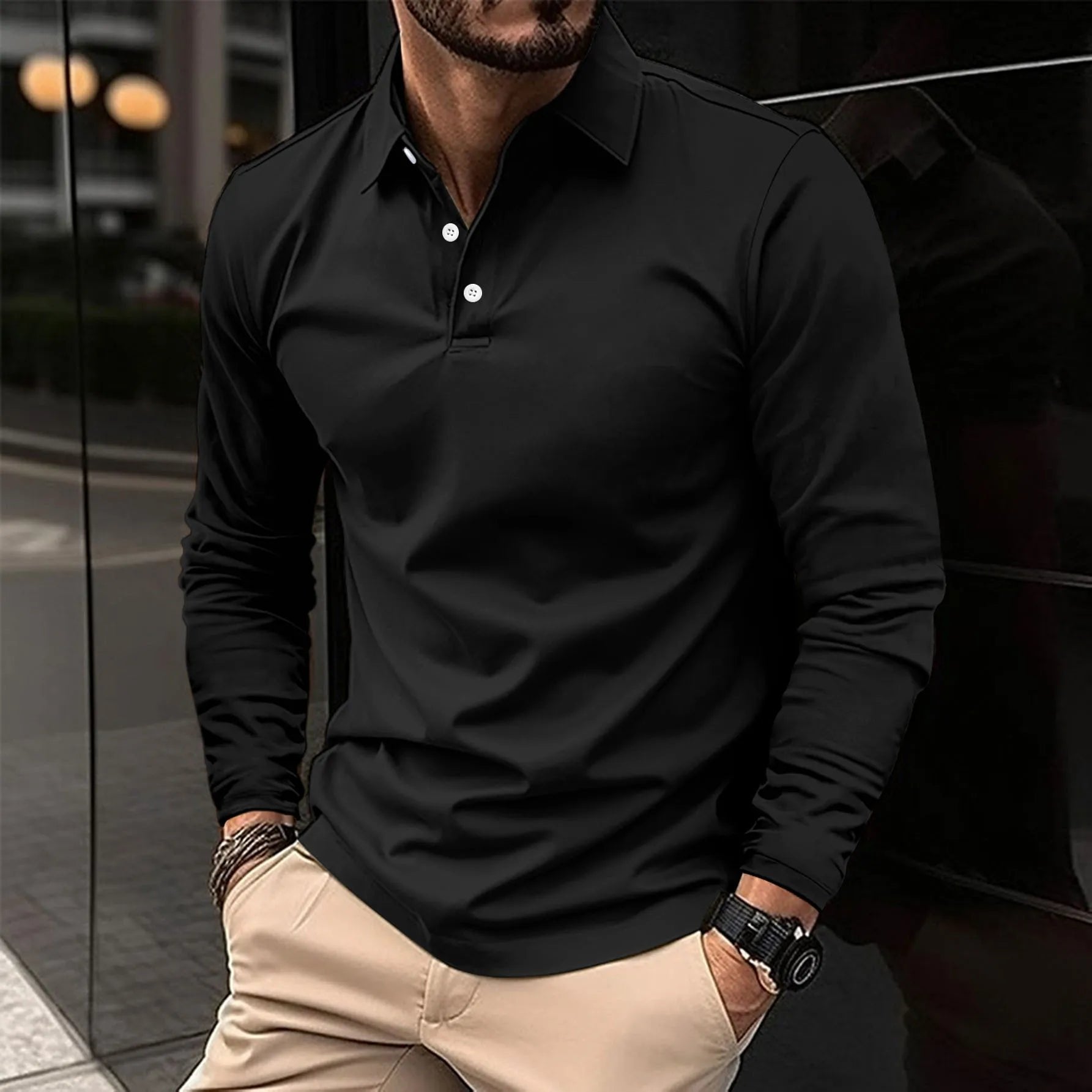 Men's Slim Long-Sleeve Polo Shirt - Black