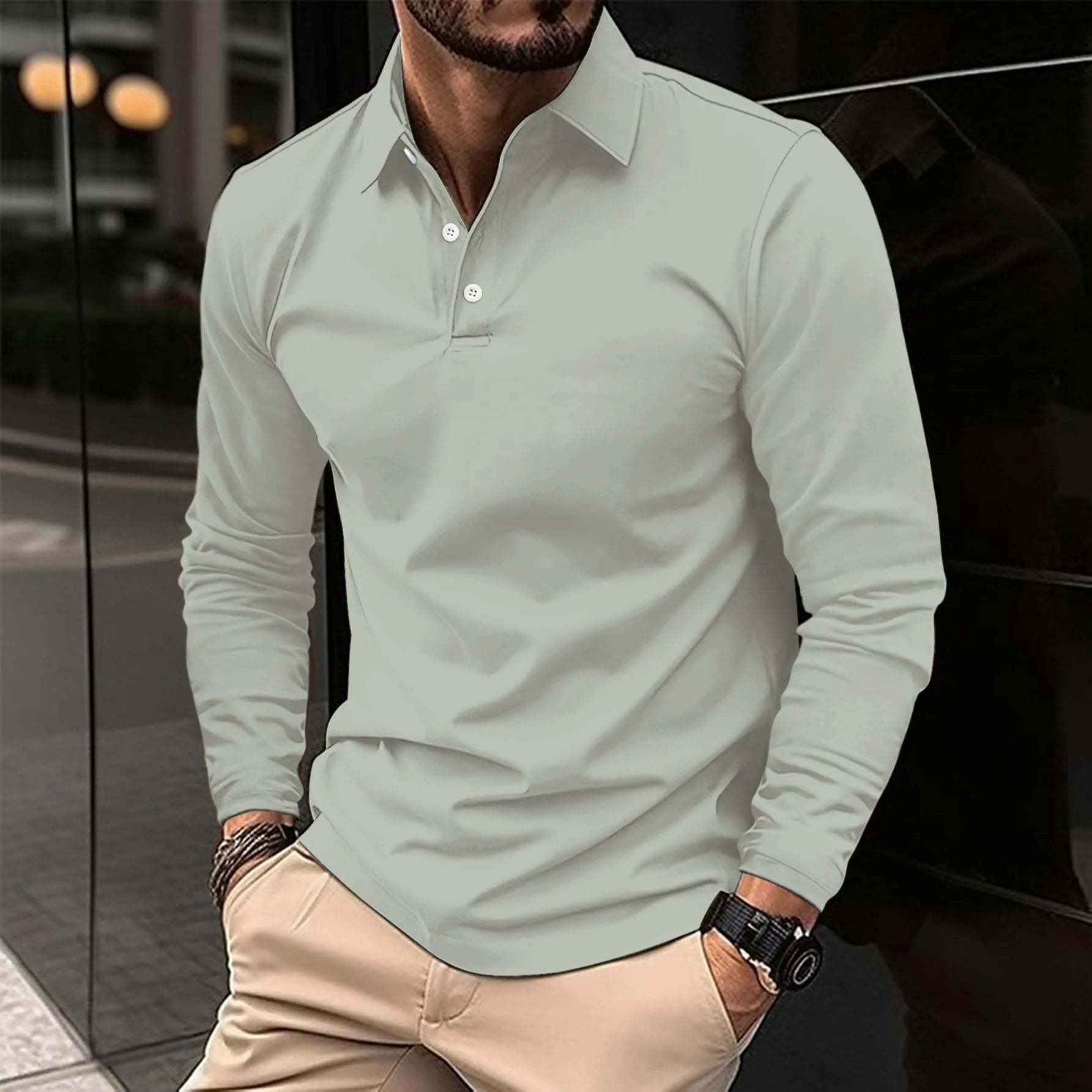 Men's Slim Long-Sleeve Polo Shirt - Grey