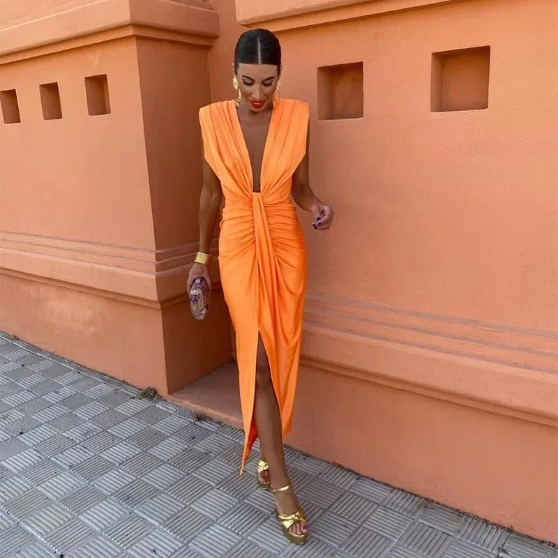 Women's Bodycon Satin Maxi Dress - Orange