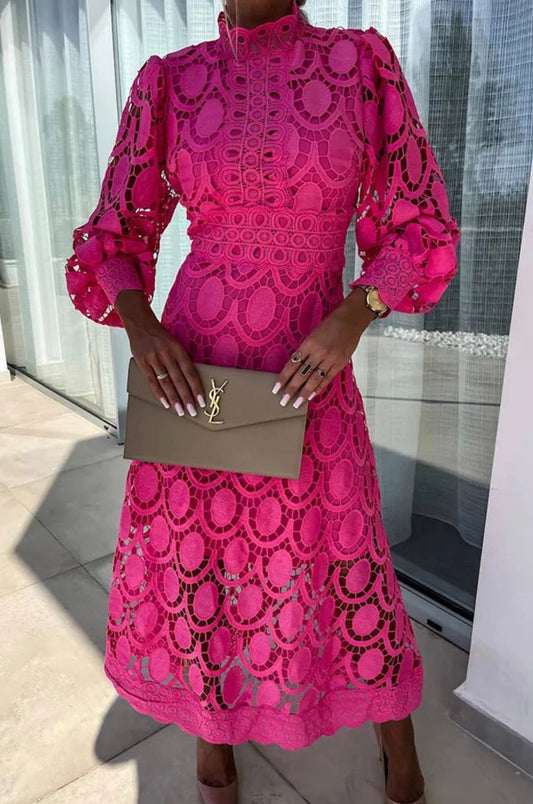 Long Sleeve Crochet Midi Dress - Rose