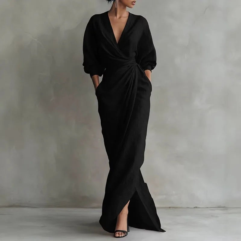 Long Sleeve Wrap Maxi Dress - Black