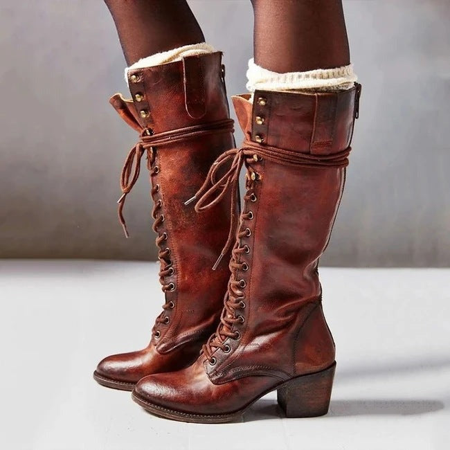 Knee High Combat Boots - Redish Brown