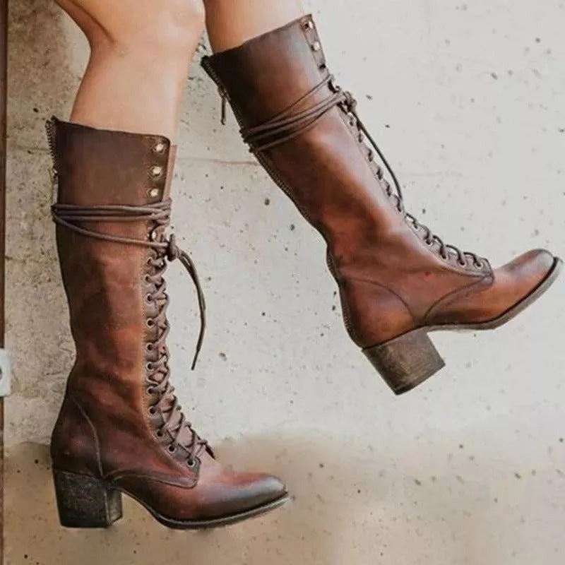 Knee High Combat Boots - Brown
