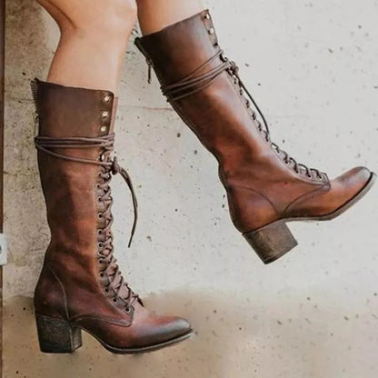 Knee High Combat Boots - Brown