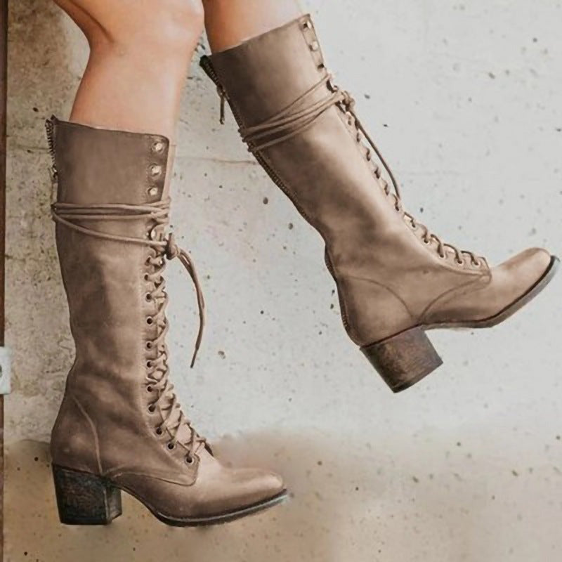 Knee High Combat Boots - Khaki