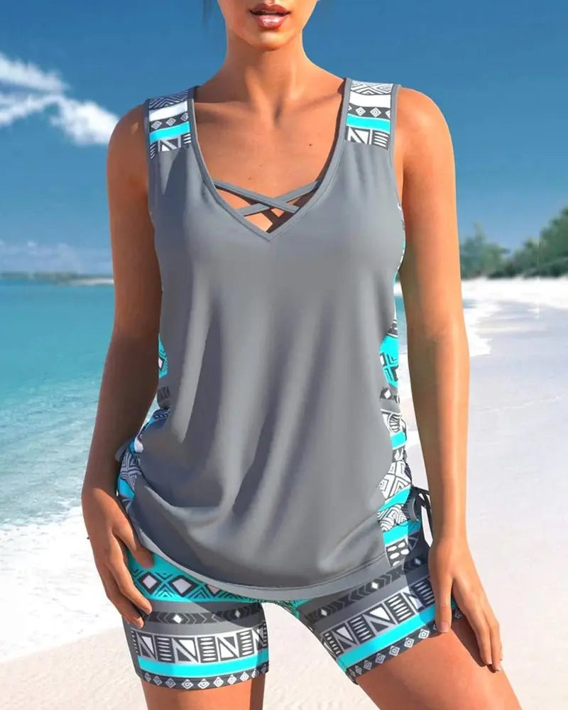 Aztec Print Tankini Swimsuit - Gray