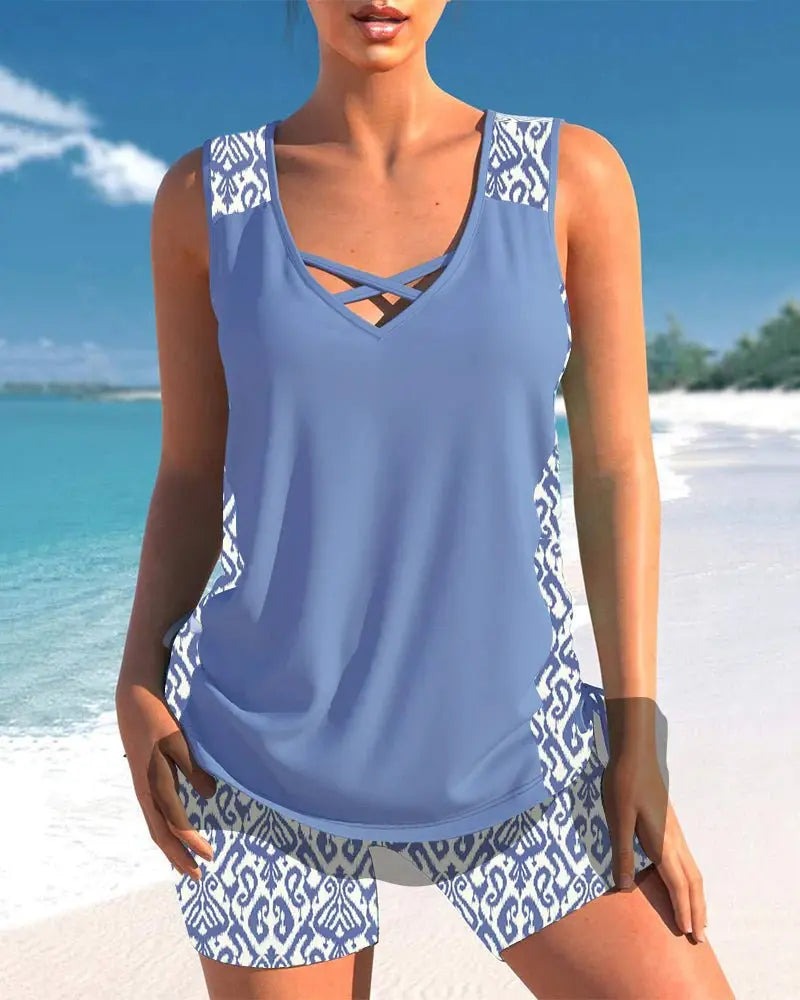 Aztec Print Tankini Swimsuit - Blue