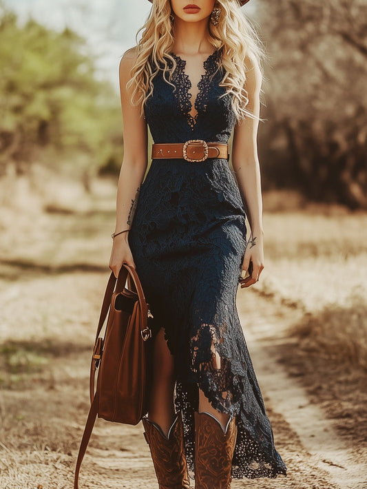 V Neck Sleeveless Midi Dress - Blue
