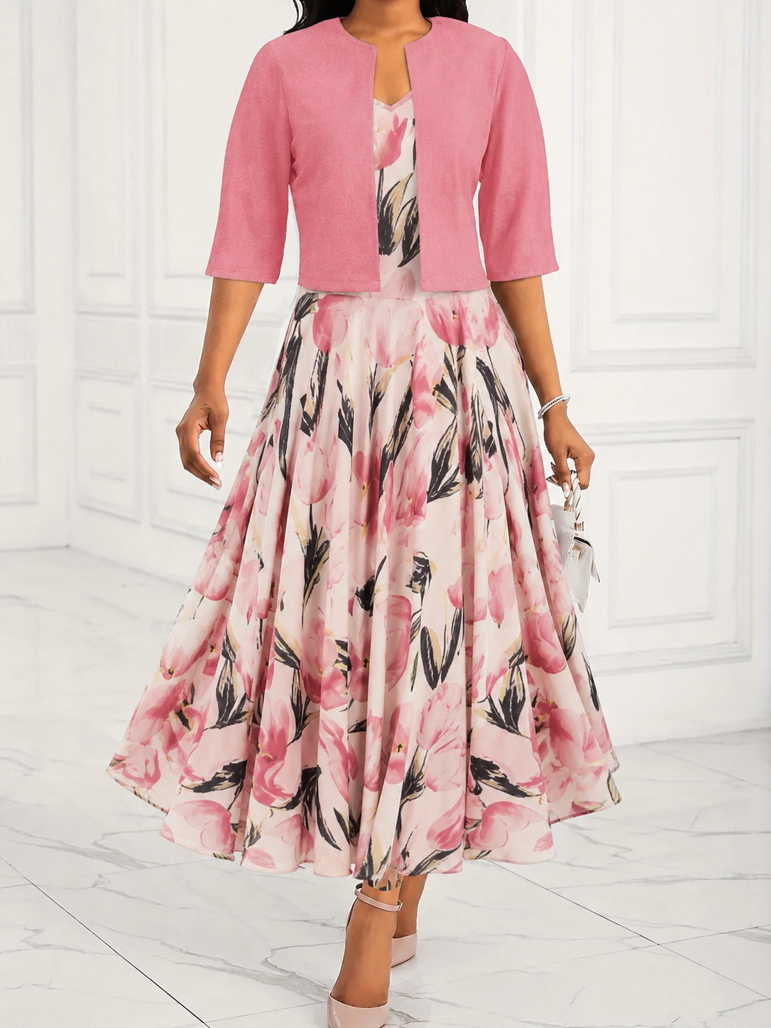 Floral Maxi Dress Two Piece Set - Pink