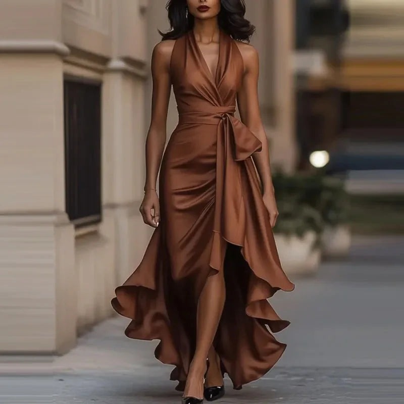 Wedding Guest Halter Maxi Dress - Brown