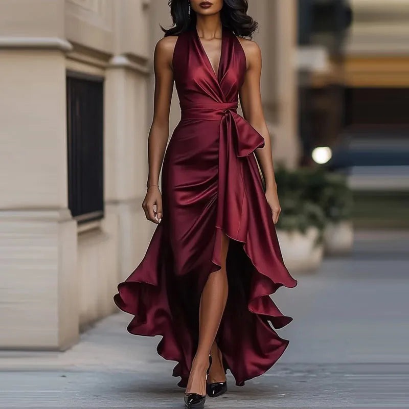 Wedding Guest Halter Maxi Dress - Deep Red