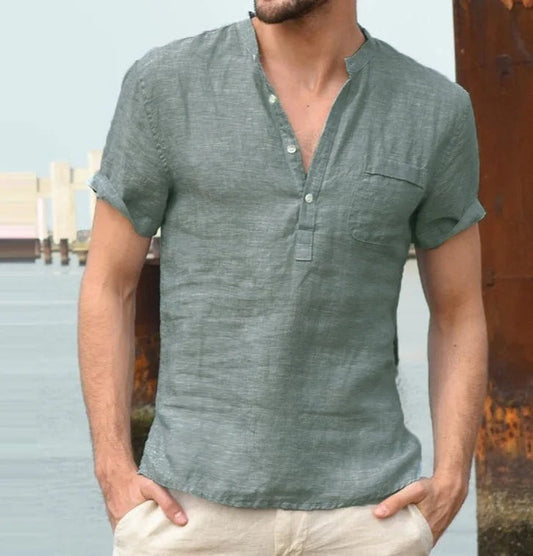 Short Sleeve Henley Shirt - Green