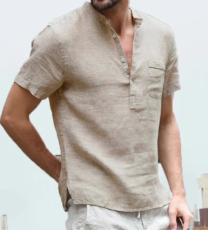 Short Sleeve Henley Shirt - Beige