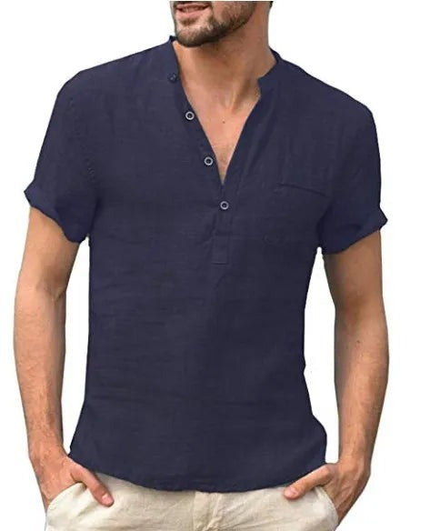 Short Sleeve Henley Shirt - Navy Blue