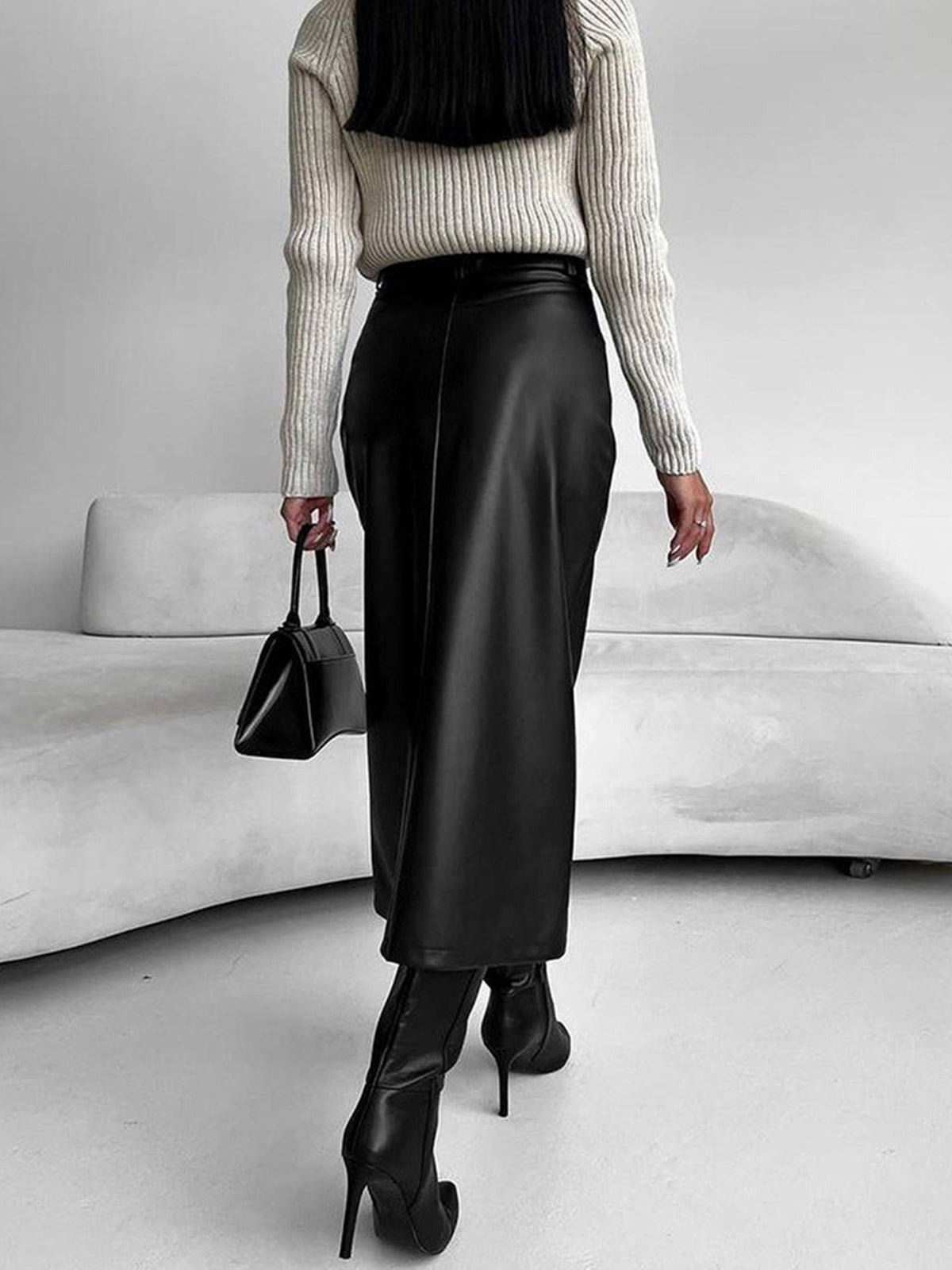 High Waisted Leather Midi Skirt