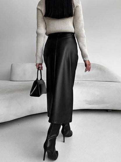 High Waisted Leather Midi Skirt