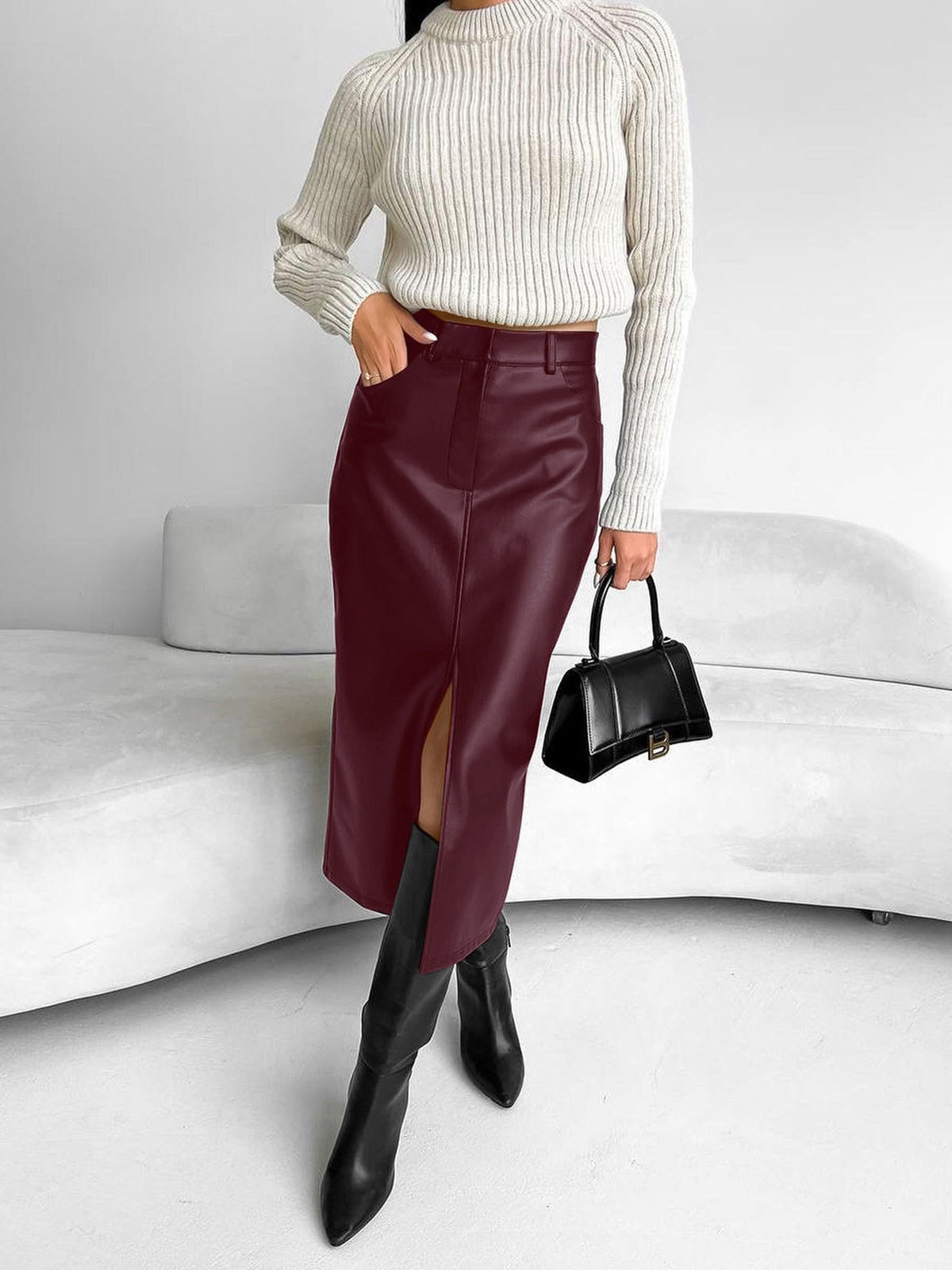 High Waisted Leather Midi Skirt - Burgundy