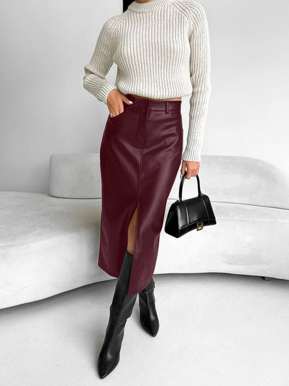 High Waisted Leather Midi Skirt - Burgundy
