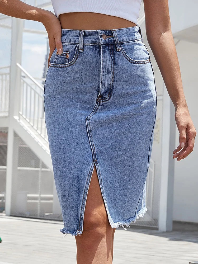 High Waisted Denim Midi Skirt - Blue